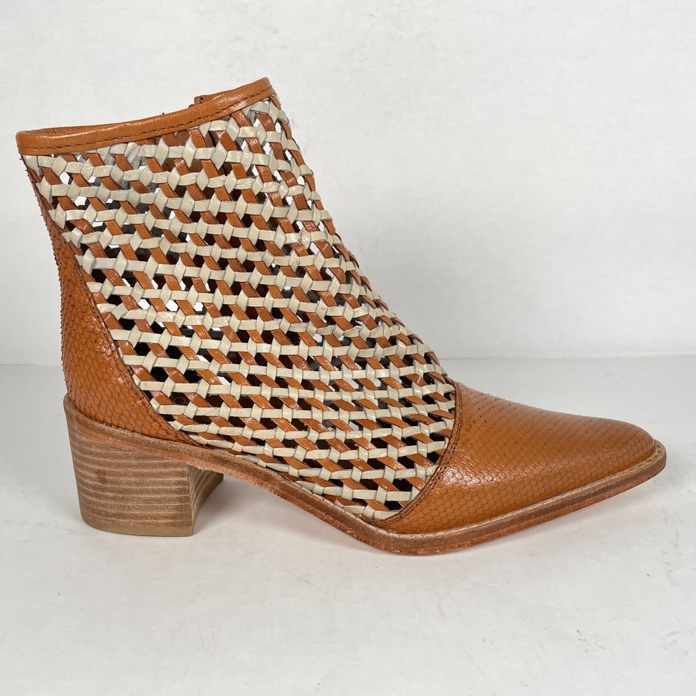 Roolee Ankle Boots Womens Size 8 M Brown Woven Leather Zip Up Block Heel Shoes